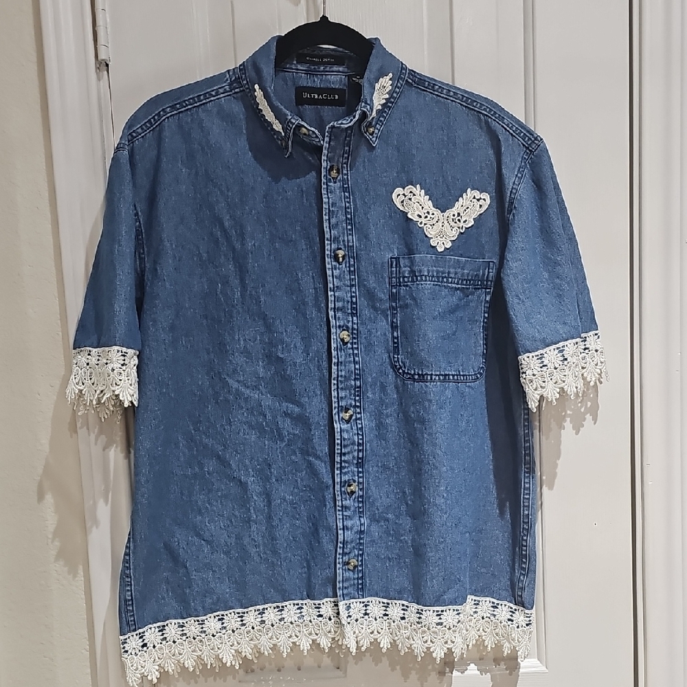 Ultra Club Vintage Blue Denim Shirt with Lace Trim Size M